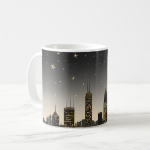 Taza De Café Silhouette delgada en el horizonte de una ciudad p