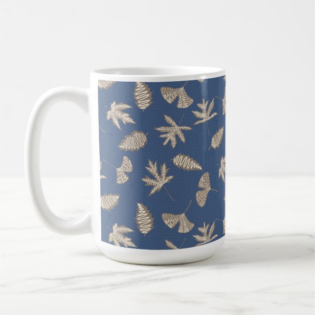 Taza De Café Silhouettes de hojas rusticas, Denim Blue, Khaki,  (Izquierda)