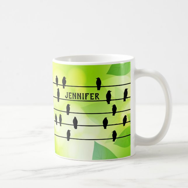 Taza De Café Silhouettes de pájaro negro de cuervo en verde ala (Derecha)