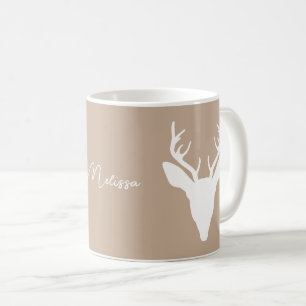 Taza De Café Silueta de cabeza de ciervo blanco sobre beige y n