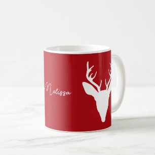 Taza De Café Silueta de cabeza de ciervo blanco sobre rojo con