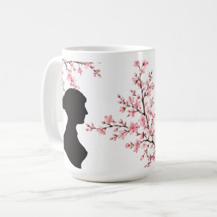 Taza De Café Silueta de Jane Austen y flores de cerezo