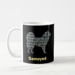 Taza De Café Silueta de perro samoyada Cuadrícula amarilla y ne