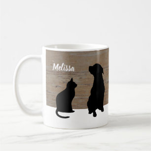 Taza De Café Siluetas del perro del gato negro en la madera