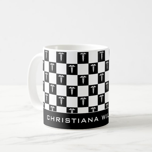 Taza De Café Símbolo médico personalizado negro y blanco Caduce (Anverso izquierdo)