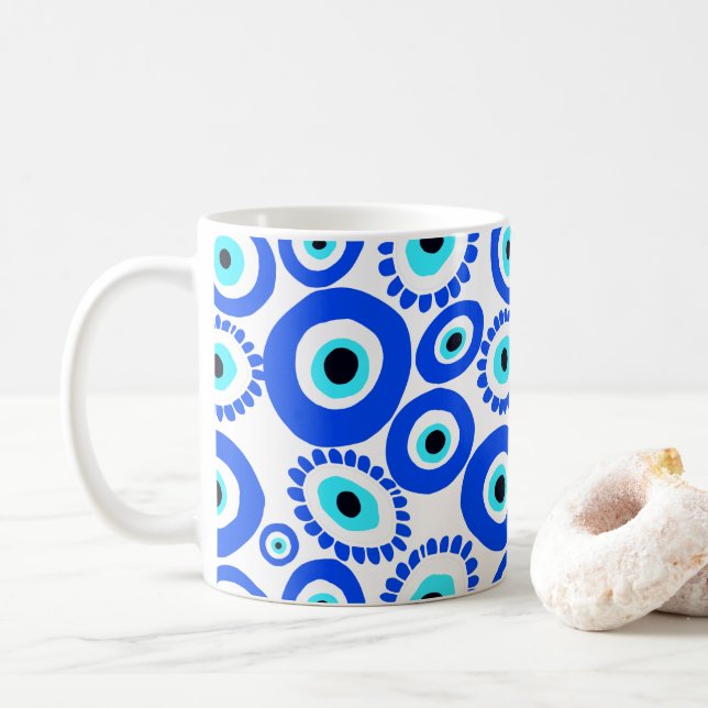 Taza De Café Símbolo ocular griego patrón azul y blanco (Con donut)