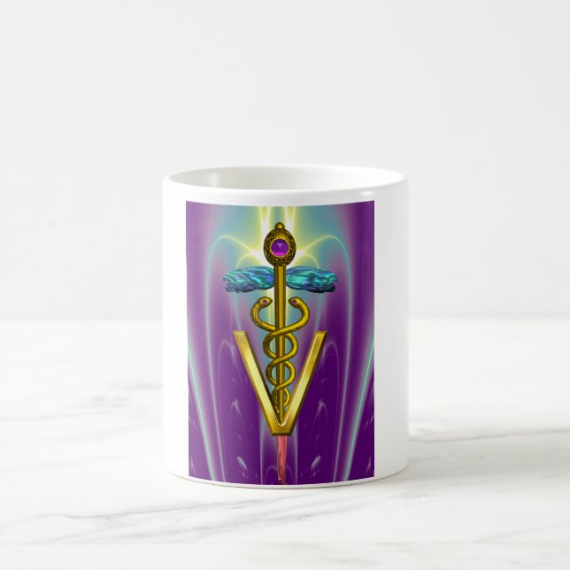 Taza De Café SÍMBOLO VETERINARIO CADUCEO DE ORO / Verde Púrpura (Centro)