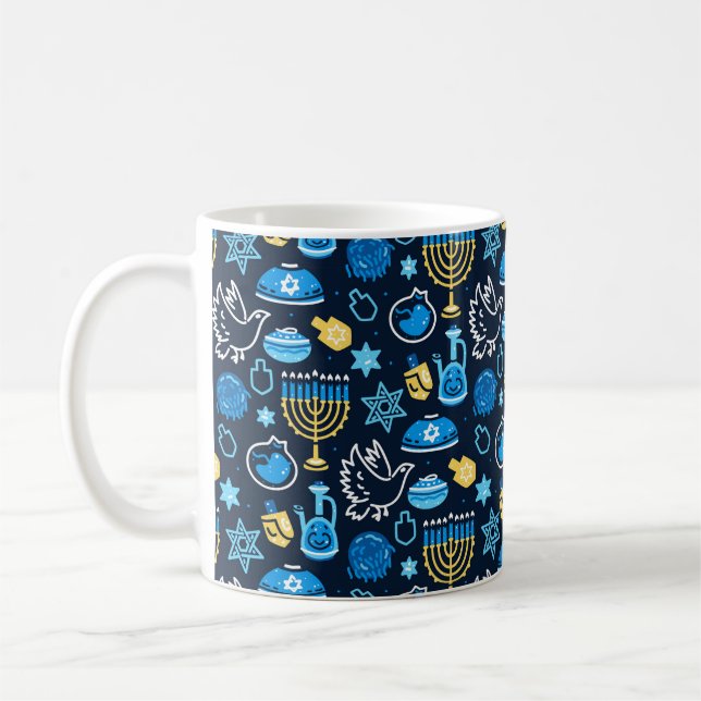 Taza De Café Símbolos de Hanukkah Patrón azul (Izquierda)