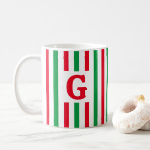 Taza De Café Simple Rayado Rojo y Verde Navidad Inicial