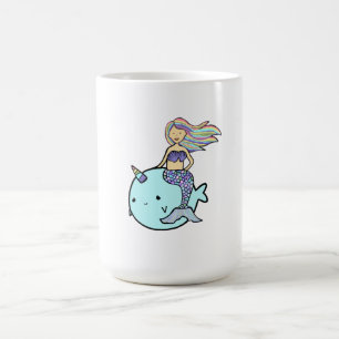 Taza De Café Sirenita con el pelo arco iris montando a su Masco
