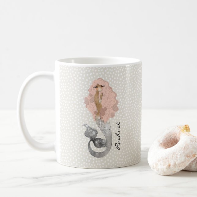 Taza De Café Sirenita con el pelo rosado y tu nombre (Con donut)