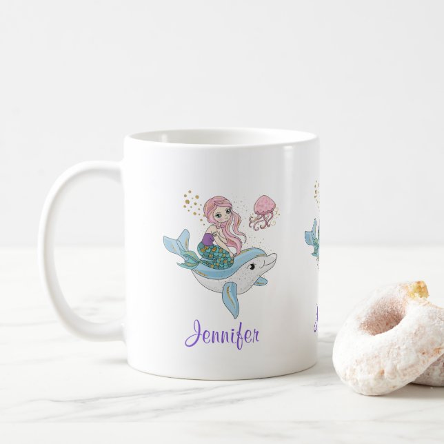 Taza De Café Sirenita descubierta con delfín bajo el mar (Con donut)