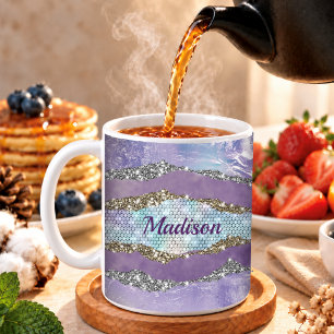 Taza De Café Sirenita elegante con brillo Monograma de color pú
