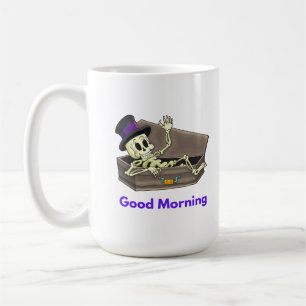 Taza De Café Skeleton dice buenas mañanas desde el Casket en un