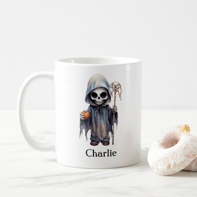 Taza De Café Skeleton Halloween Reaper Personalizado (Con donut)