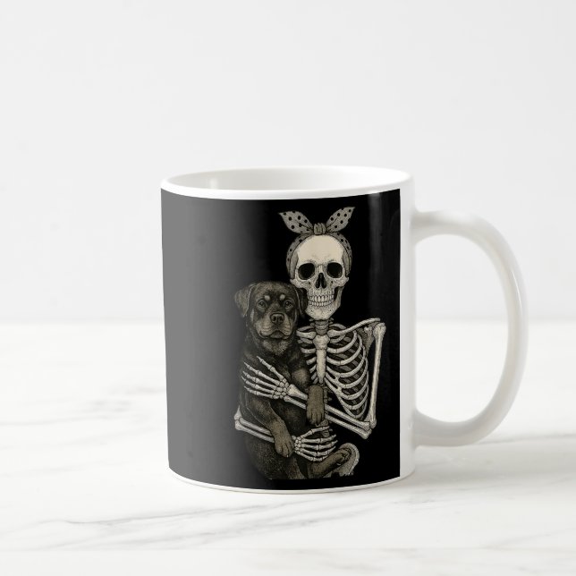 Taza De Café Skeleton Holding Rottweiler Dog Funny Lazy Hallowe (Derecha)