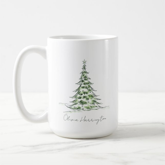 Taza De Café Sketch Pine Christmas Tree Minimal Script Name (Izquierda)
