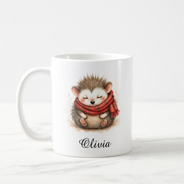 Taza De Café Sleepy Hedgehog in Cozy Scarf Custom Name Mug (Izquierda)