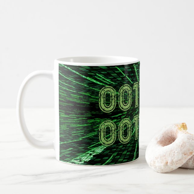 Taza De Café SlipperyJoe's 69 código binario verde vibrante com (Con donut)
