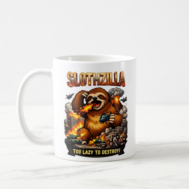 Taza De Café Slothzilla Too Lazy to Destroy,Funny Kaiju Monster (Izquierda)