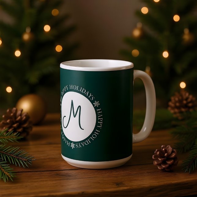 Taza De Café Snowflakes Felices Fiestas Oscuras Monograma Verde (Subido por el creador)