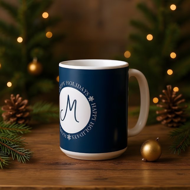 Taza De Café Snowflakes Happy Holidays Blue Monograma (Subido por el creador)