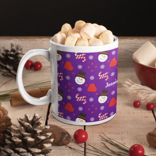 Taza De Café Snowflakes Snowman Candy Canes Add Name With Blue