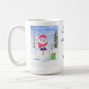 Taza De Café Snowman con pañuelo rosado caña de caramelo Feliz