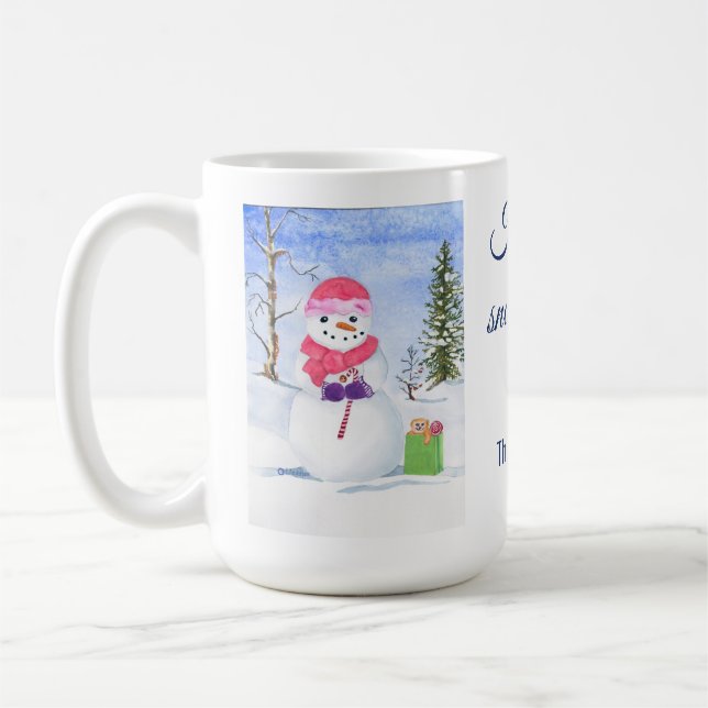 Taza De Café Snowman con pañuelo rosado caña de caramelo Feliz  (Izquierda)