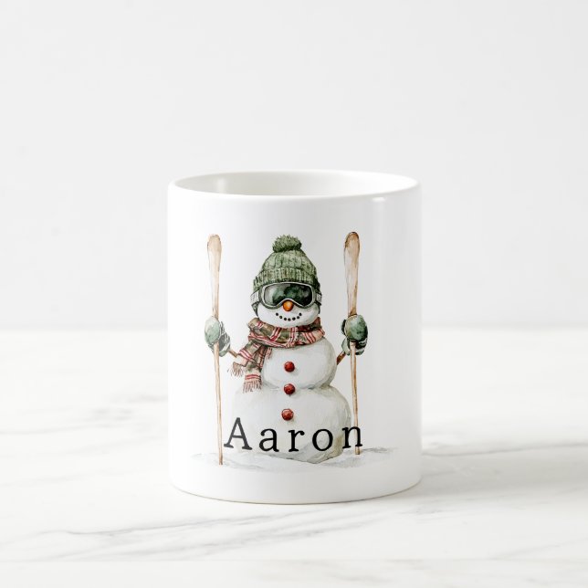 Taza De Café Snowman Green Hat Snow Skis  (Centro)