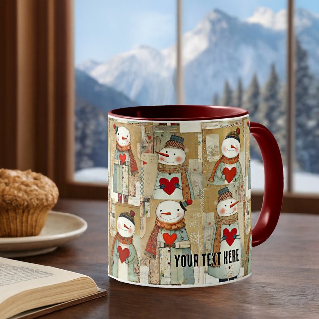 Taza De Café Snowman Hearts Winter (Mug featuring a whimsical pattern with snowmen carrying warm red hearts)