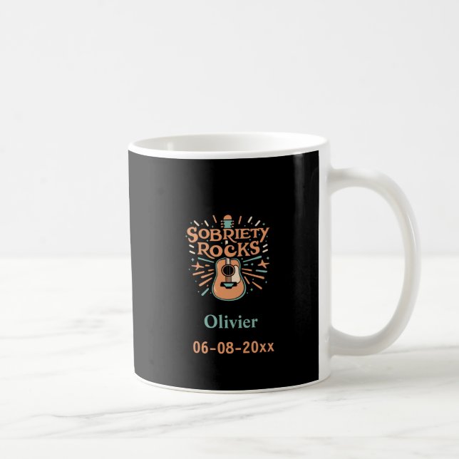 Taza De Café Sobriety Rocks Guitar, Sober Date & Custom Name (Derecha)
