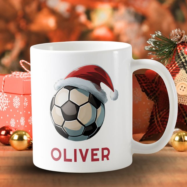 Taza De Café Soccer Football Ball Red Santa Hat Name Christmas  (Subido por el creador)