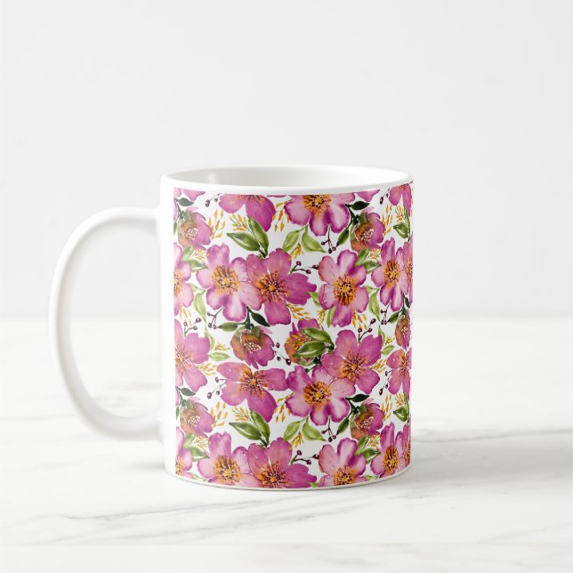 Taza De Café Sofie Blooms-Acuarela Floral Rosa, Verde, Naranja (Izquierda)