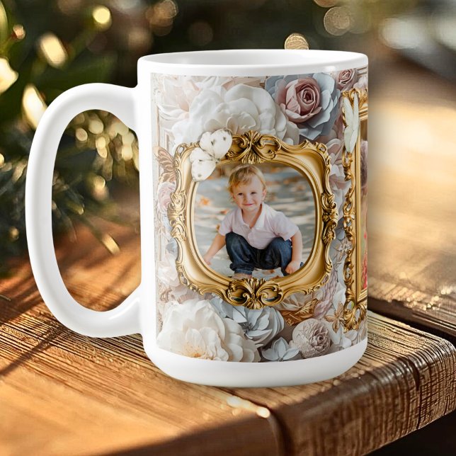 Taza De Café Soft Gold Baroque Floral Photo Frames Collage (Subido por el creador)