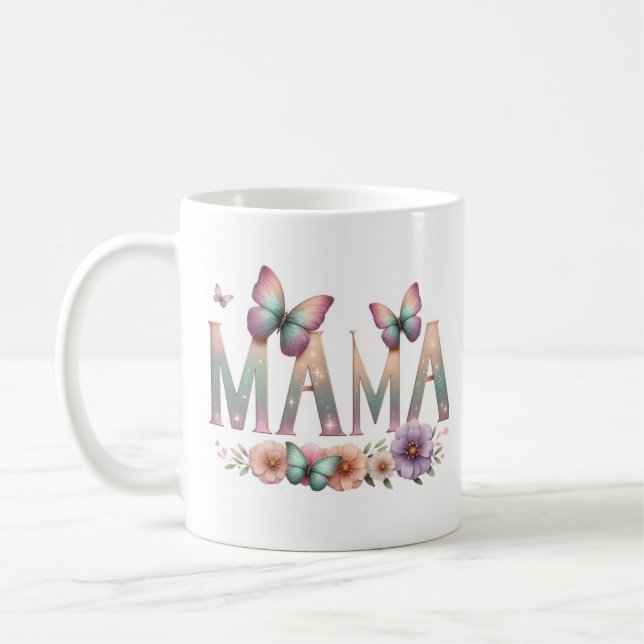 Taza De Café Soft Pastel MOM with Butterflies – Elegant Mother' (Izquierda)