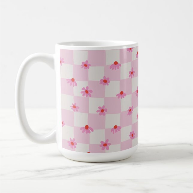 Taza De Café Soft Pink Daisy Checkerboard Floral Pattern (Izquierda)