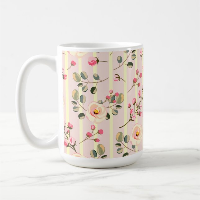 Taza De Café Soft Pink Floral Stripe Pattern (Izquierda)