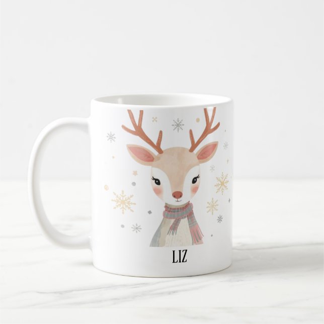 Taza De Café Soft Reindeer Illustration | Gentle Christmas Art (Izquierda)