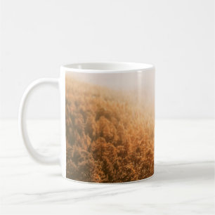 TAZA DE CAFÉ SOL DE ORO SOBRE UN BOSQUE