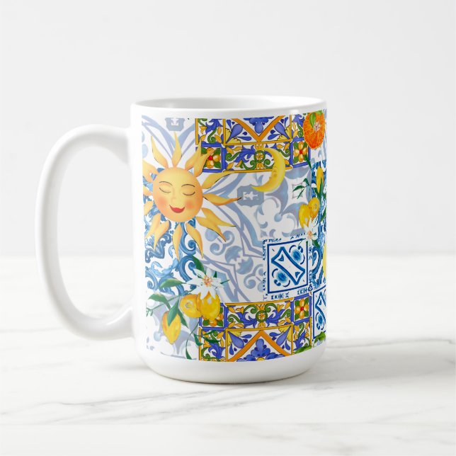 Taza De Café Sol mediterráneo, flores, limón, media luna, (Izquierda)
