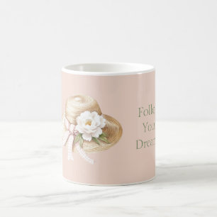 Taza De Café Sombrero crema lazo rosa flor blanca