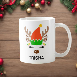Taza De Café Sombrero de Duende Reno Navidad Nombre Personaliza