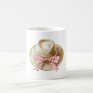 Taza De Café Sombrero de Paja Lazos Rayas Rojos y Blancos