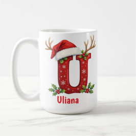 Taza De Café Sombrero de Santa Monograma inicial U Feliz Navida