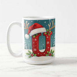 Taza De Café Sombrero de Santa Monograma inicial U Feliz Navida