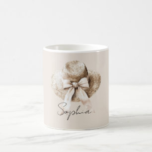 Taza De Café Sombrero de verano crema lazo rosa bonito