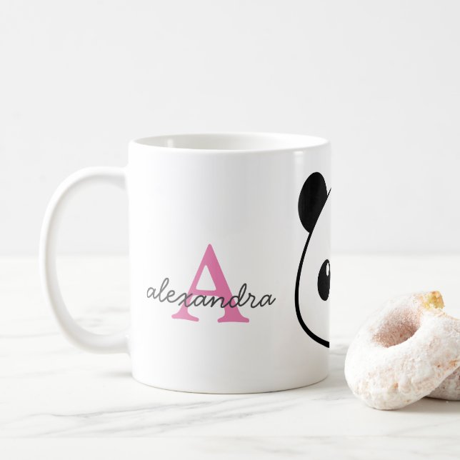 Taza De Café Sonriente Panda Monograma Café Mug - Personalizado (Con donut)