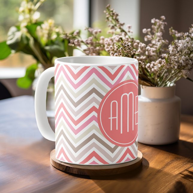 Taza De Café Sorbet Chevrons con triples monogramas (Personalized mug with monogram)