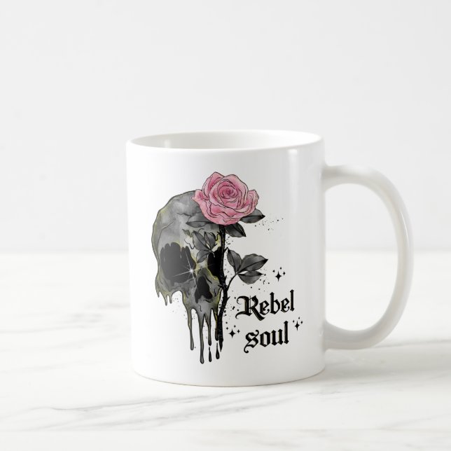 Taza De Café Soul Rebel - Calavera gótica con rosa rosado (Derecha)